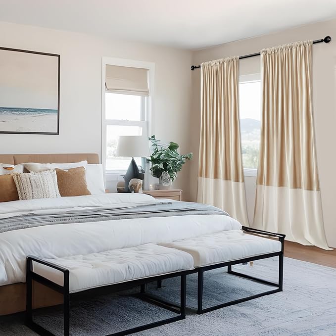 Velvet Curtains for Living Room Champagne Ivory 120 inches Long,2 Panels Blackout Curtains Modern Color Block Back Tab Rod Pocket Soundproof Drapes for Bedroom Window Decor