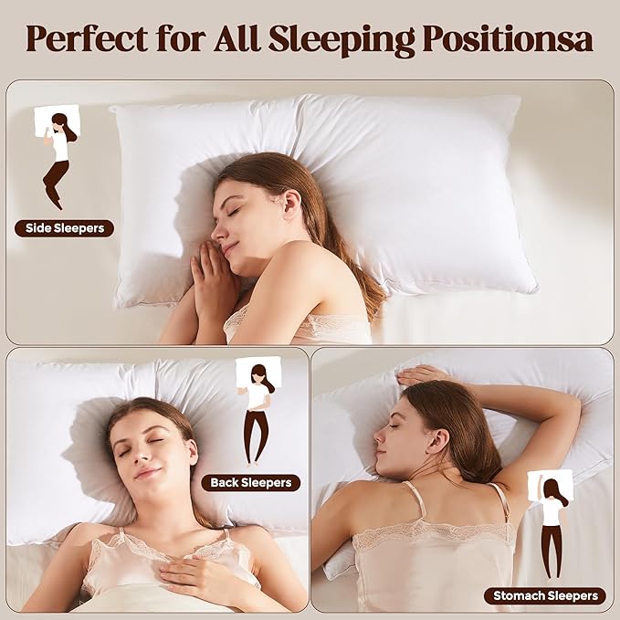 Goose Down Feather Pillows, Soft Bed Pillows Queen Size Set of 2, 100% Soft Cotton Shell, Hotel Pillows for Back, Stomach or Side Sleepers
