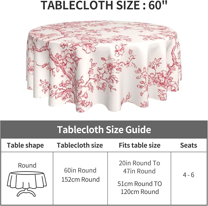 Cherry Blossom Tablecloth, Pink Traditioanal Oriental Chinese Floral Sketch Farmhouse Water Resisitant Wipeable Table Cover for Dining Kitchen Living Room Home Party Holiday Decor 70 inch Round