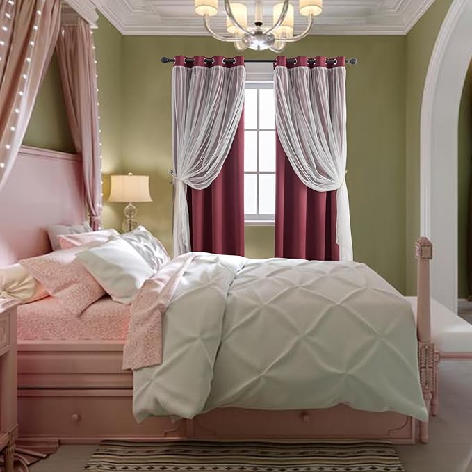 Anytime Home Curtains Blackout and Sheer Layered Solid Window Curtain Panel Pair with Grommet Top, 52Wx95L,Wine Red