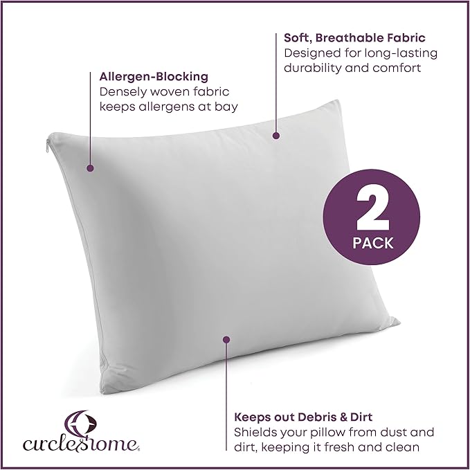 CirclesHome Pillow Protectors 2 Pack King Zippered - 100% Cotton Breathable Pillowcases - Protects Pillows from Dirt, Dust and Debris (King - Set of 2 - 20x36)