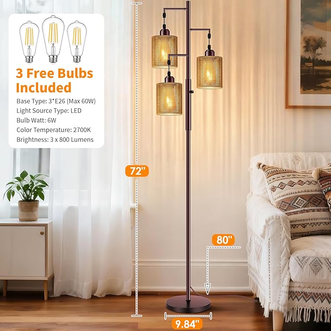 Hotsonic 72" Tall Boho Floor Lamp, Dimmable Standing Lamp with Handcrafted Rattan Shade, Industrial Tree Floor Lamps for Living Room, Bedroom, Study Room, Office (3 x 800LM LED Bulbs Included) - Brown