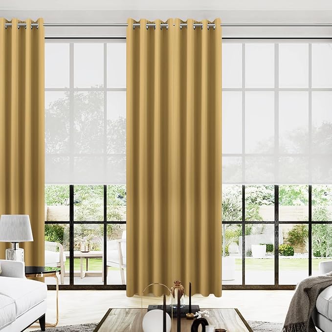 KOUFALL Elegant Luxury Curtains for Living Room,Gold Grommet Room Darkening Blackout Drapes for Bedroom Sliding Glass Patio Door,Set of 2 Panels,102 Inches Long