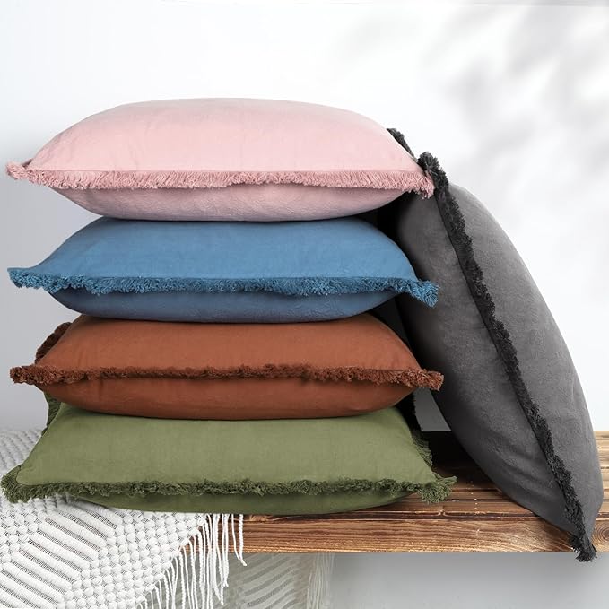 ZWJD Pillow Covers 20x20 Set of 2 Rust Throw Pillow Covers with Fringe Chic Cotton Decorative Pillows Square Cushion Covers for Sofa Couch Bed Living Room Farmhouse Boho Decor