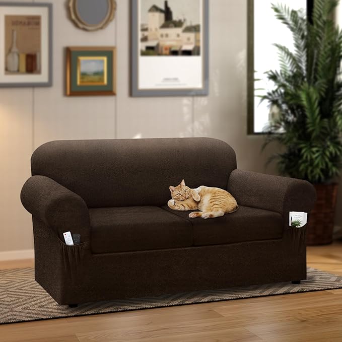 Loveseat Slipcover with Armrest Pockets 3-Piece Set, Stretch Faux Leather Love Seat Covers for 2-Cushion Couches(Fits 58-66") - Non-Slip, Machine Washable, Pet & Kid Friendly - Brown