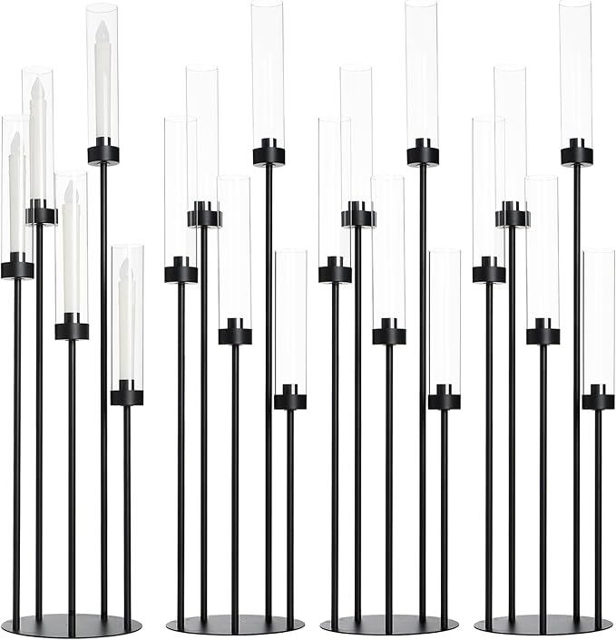 39.8''Matte Black Candle Holder with Acrylic Shades Tall 5 Arm Candelabra Black Table Centerpiece for Wedding Living Dining Room Fireplace Decoration Fit 0.98''LED Taper Candle