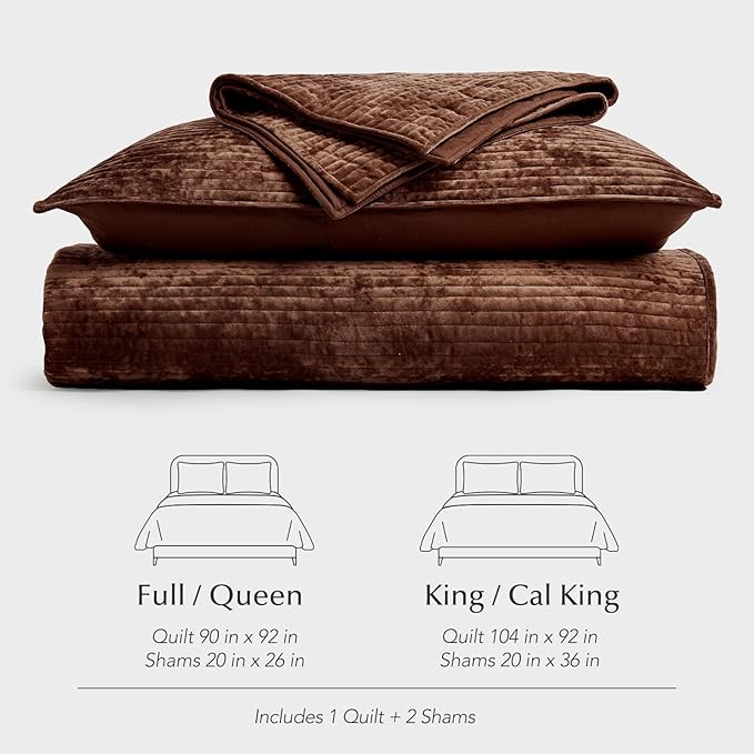 EverGrace Velvet Quilt Set King Size, Luxurious Soft Quilted Bedding Sets, Lightweight Velvet Comforter for All Season, Striped Channel Bedspread Coverlet with 2 Shams, Red Rust Brown
