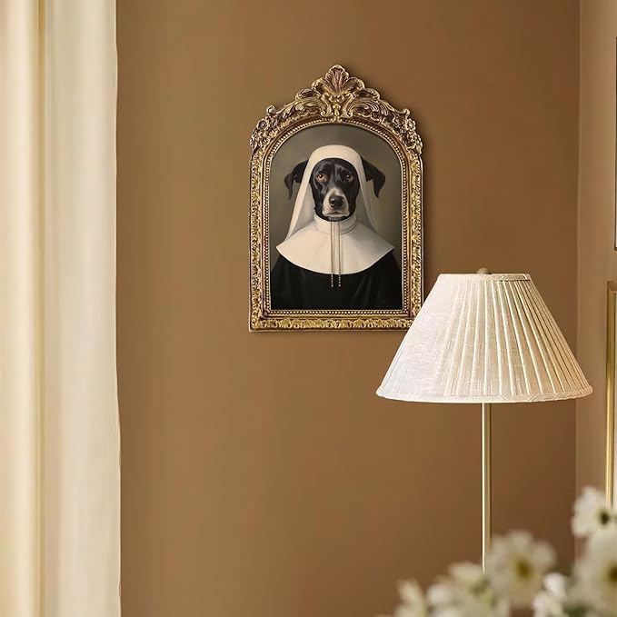 FOLKOR Gothic Wall Art Rustic Room Decor, Funky Pet Portrait Canvas Prints with Vintage Gold Frame for Tabletop Shelf Gallery Wall Decor, Funny Black and White Dog Poster Painting Artwork, 5x7