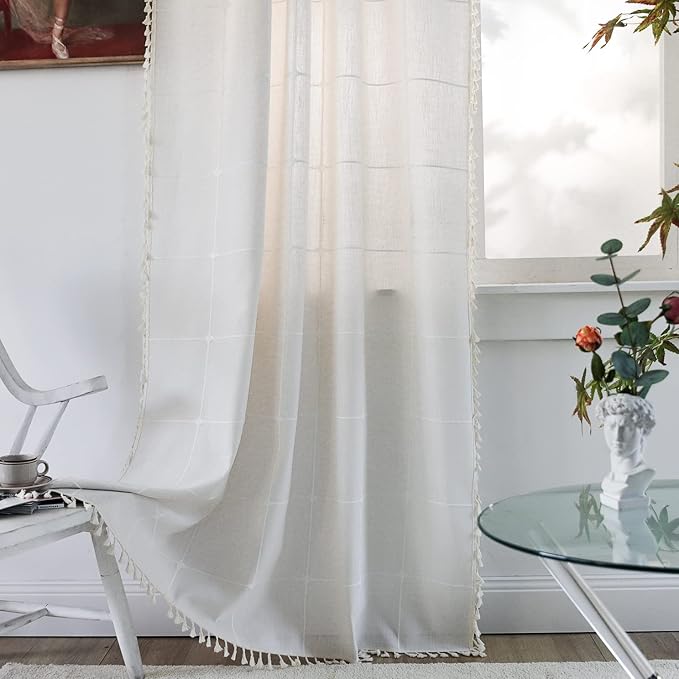 Sutuo Home Boho Curtain for Bedroom 96 Inch Length, Light Filtering Country Farmhouse Vintage Chic Tassels Window Treatment Bohemian Grid Drape for Decor 1 Panel 52" W x 96" L, Cream White Plaids