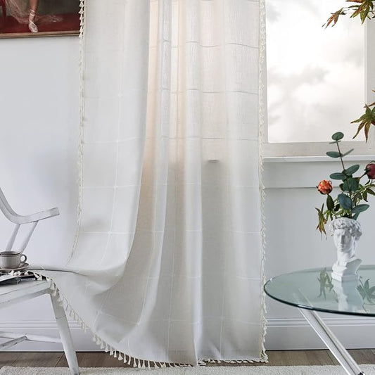 Sutuo Home Boho Curtain for Bedroom 96 Inch Length, Light Filtering Country Farmhouse Vintage Chic Tassels Window Treatment Bohemian Grid Drape for Decor 1 Panel 52" W x 96" L, Cream White Plaids