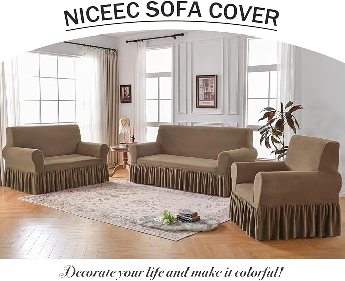 NICEEC Loveseat Cover Thick Plush 1-Piece Warm Khaki Slipcover for Loveseats Stretch Fluffy Couch Covers for Living Room Easy Fit Washable Soft Furniture Sofa Protector with Skirt