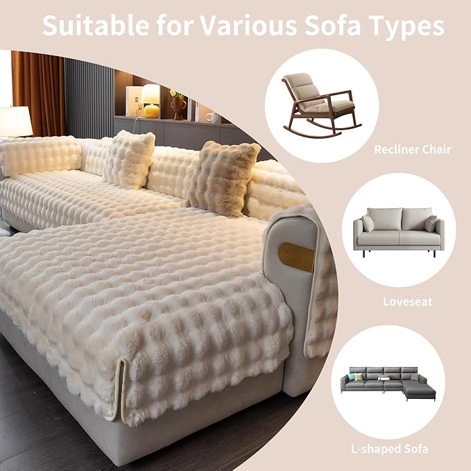 Faux Fur Couch Cover, Soft Warm Plush Sofa Couch Cover, Non Slip Sectional Sofa Slipcovers for L Shaped, Washable Furniture Protector for Kids, Dogs(Beige White, 36"x 47")