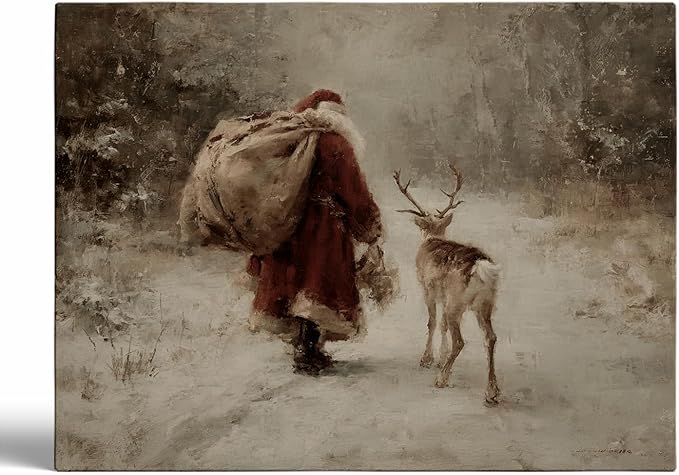 Rustic Reindeer Wall Art,Vintage Santa Claus Print,Antique Christmas Painting,Cozy Winter Scene Decor,Old World Holiday Print