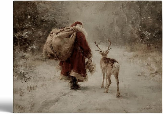 Rustic Reindeer Wall Art,Vintage Santa Claus Print,Antique Christmas Painting,Cozy Winter Scene Decor,Old World Holiday Print