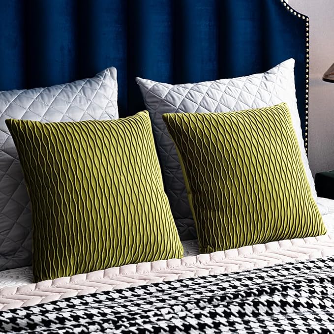 24x24 Moss Green Throw Pillow Cases: 2 Pack Original Striped Velvet Square Decorative Pillow Covers for Farmhouse Couch