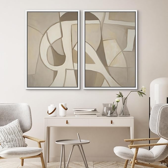 SIGNWIN Framed Canvas Print Wall Art Set Neutral Abstract Geometric Modern Minimalist Beige and Cream Illustrations Minimal Decorative Zen Bohemian for Living Room, Bedroom, Office - 16"x24"x2 White