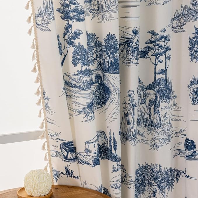 F-CHU Blue Victorian curtainsCurtains for Living Room 2 Panels Patterned Print Semi Blackout Farmhouse Modern Toile Pattern on Cream White Cotton Fabric Window Drapes for Bedroom 55" W x 90" L