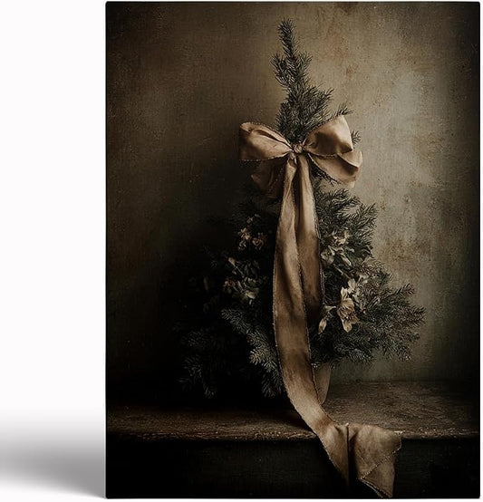 VRustic Holiday Wall Art,intage Christmas Tree with Ribbon Painting,Antique Winter Tree Prints,Old World Moody Christmas Cottagecore Decor