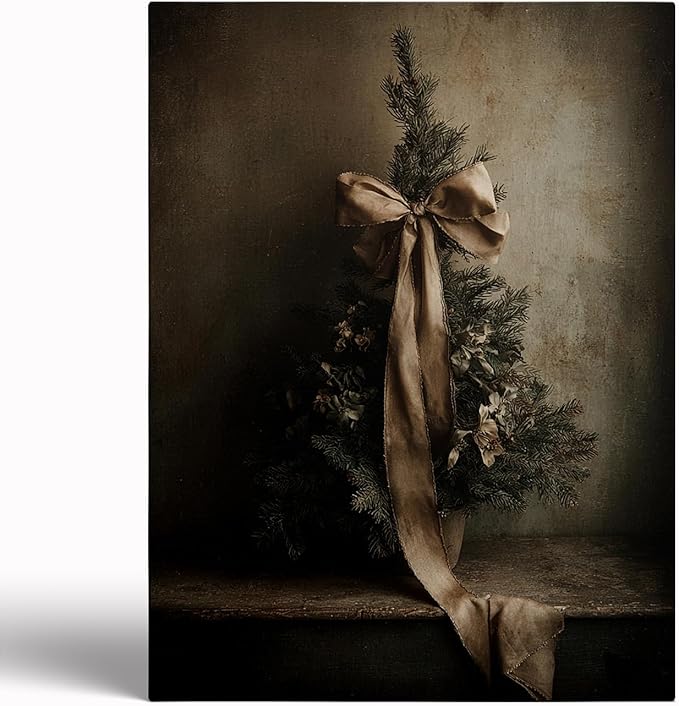 VRustic Holiday Wall Art,intage Christmas Tree with Ribbon Painting,Antique Winter Tree Prints,Old World Moody Christmas Cottagecore Decor