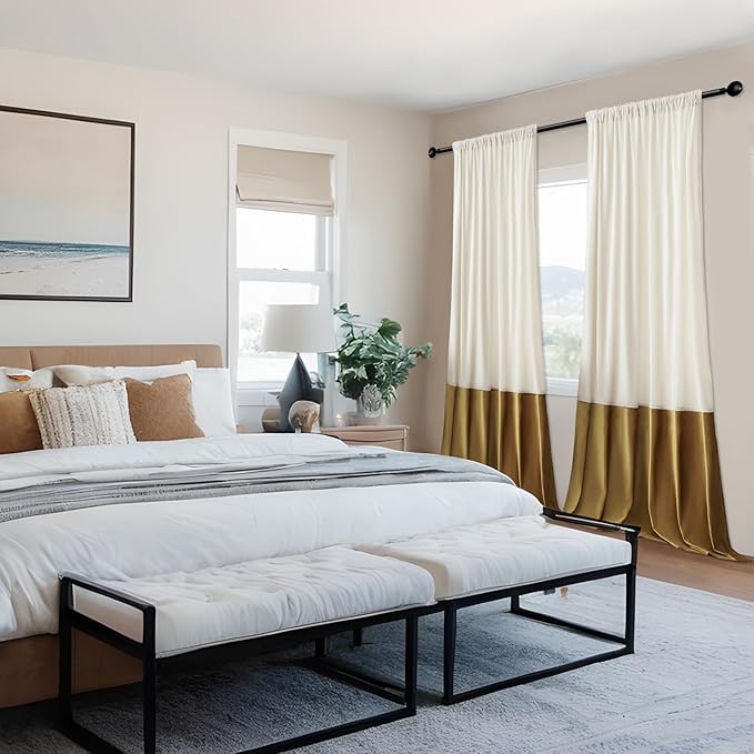 Velvet Curtains 90 inches Long for Living Room Cream Ivory Gold,2 Panels Blackout Curtains Modern Color Block Back Tab Rod Pocket Soundproof Drapes for Bedroom Window Decor