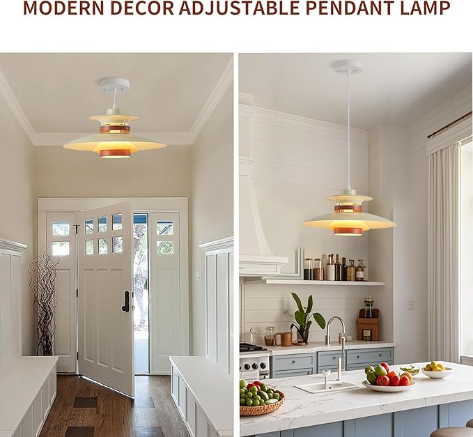 Modern Decor Adjustable Pendant Lamp Kitchen Island, Aluminum and Wood Finish,1-Light E26 Base Ceiling Hanging Light for Dining Room Shop Restaurant (Beige+Dark Wood Grain, 35cm)
