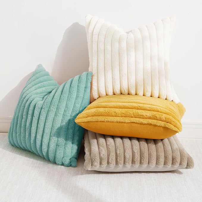 decorUhome Faux Fur Christmas Throw Pillow Covers 18x18 Set of 2, Decorative Soft Plush Striped Neutral Couch Euro Pillow Covers with Velvet Back for Sofa, Bed, Living Room Home Decor, Aqua