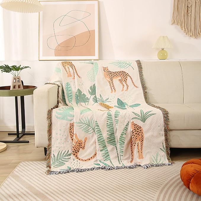 Double-Sided Cotton Woven Throw Blanket with Tassel Jungle Bohemian Style Tapestry Shawl Multi-Function Decorative Throws for Sofa Bed Armchair Camping Blanket Tablecloth Carpet 160x130cm