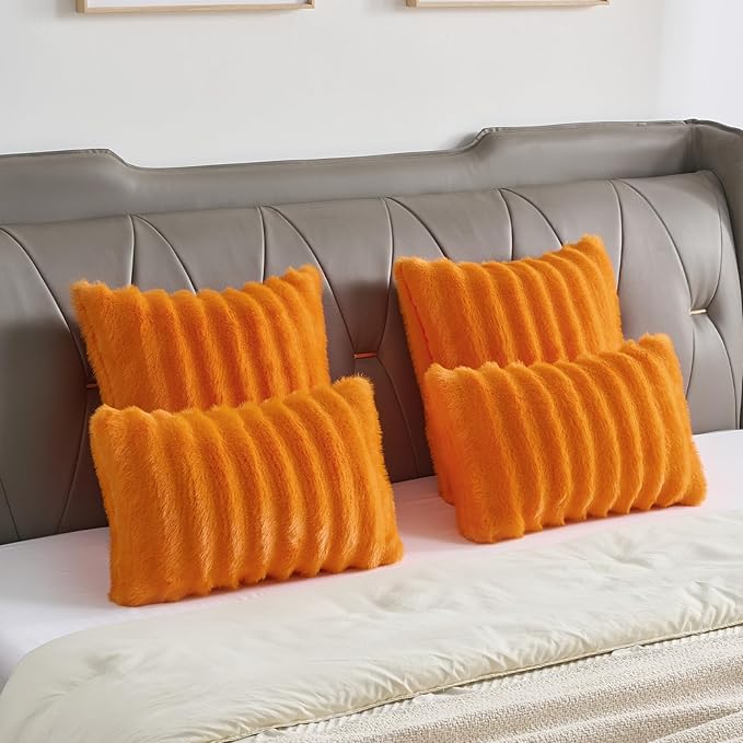 FUTEI Orange Decorative Throw Pillow Covers 20x20 Inch Set of 2,Soft Fluffy Faux Rabbit Fur Dyeing Striped Textured Cushion Case,Modern Home Decor for Couch Bed Living Room
