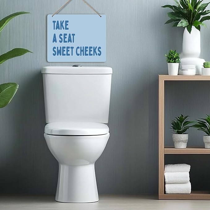 Udinaz Hot Blue Funny Sweet Cheeks Hanging Sign for Bathroom, Funny Bathroom Wall Decor, Take a Seat Sweet Cheeks Humorous Hanging Wood Plaque Decor for Bath Room Washroom Wall Door Decorations