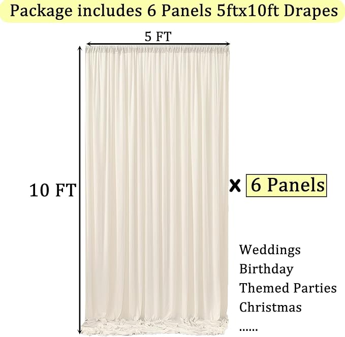 30ft x 10ft Wrinkle Free Ivory Backdrop Curtains for Parties, 6 Panels 5x10ft Polyester Photo Backdrop Drapes for Wedding Birthday Photography Background Baby Shower