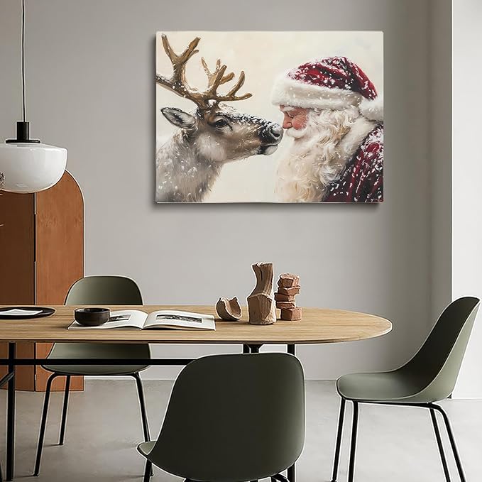 Retro Santa Wall Art Prints,Vintage Santa Reindeer Poster,Rustic Christmas Print,SantaClaus Painting,Winter Holiday Cottagecore Decor