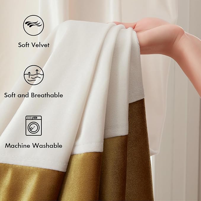 Velvet Curtains 84 inches Long for Living Room Cream Ivory Gold,2 Panels Blackout Curtains Modern Color Block Back Tab Rod Pocket Soundproof Drapes for Bedroom Window Decor
