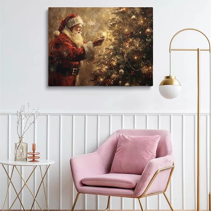 Santa Christmas Tree Wall Art Print,Dark Vintage Holiday Santa Claus Painting,Farmhouse Christmas Decor