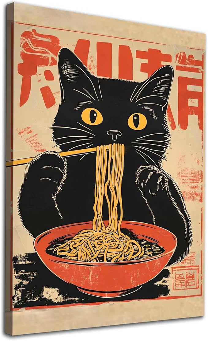 Eeuqiauot Japanese Cat Canvas Wall Art Cat Eating Ramen Poster Ramen Noodles Wall Art Vintage Black Cat Painting Cute Kittey Pictures Japanese Black Cat Prints for Kitchen Decor 16x24inch Unframed