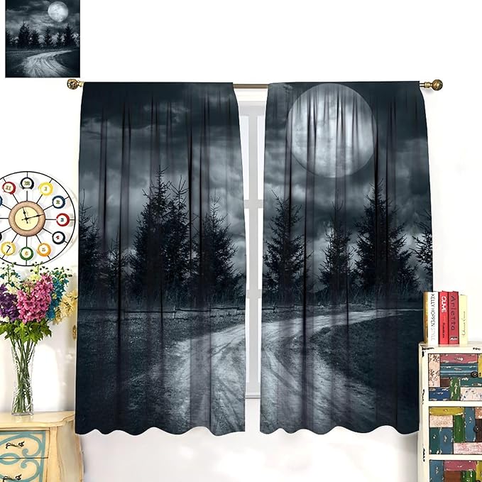 Gothic Horror Forest Blackout Curtains, Terrible Jungle Dark Fantasy Night Mysterious Rustic Tree Gothic Halloween Window Drapes, for Living Room Bedroom 31.5(W)*63(L) 2 Panels