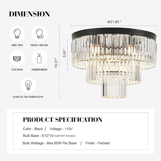 21.65" Black Crystal Ceiling Light 10-Light Modern Crystal Ceiling Light Fixture 3-Tier Luxury K9 Crystal Ceiling Light,for Dining Room Kitchen Island Living Room Bedroom