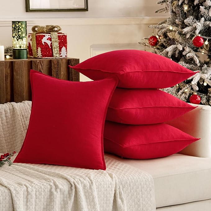 MIULEE Christmas Decorative Linen Pillow Covers 18x18 Inch Red Boho Farmhouse Neutral Couch Throw Pillows for Bed Pack of 2 Accent Modern Pillowcase Sofa Livingroom Home Decor