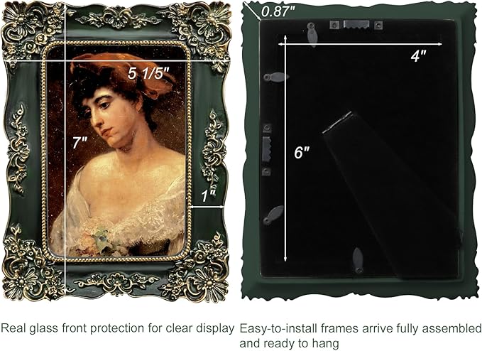 Green Picture Frame 4x6 Vintage Picture Frames Antique Ornate Baroque Victorian Handcrafted for Tabletop or Wall Display with Glass Front