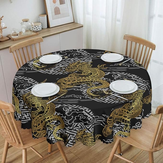 Japanese Tablecloth Round, Black Traditional Zodiac Dragon Vintage Asian Style Oriental Water Resisitant Table Cover for Dining Kitchen Living Room Home Party Holiday Decor 70 inch Round