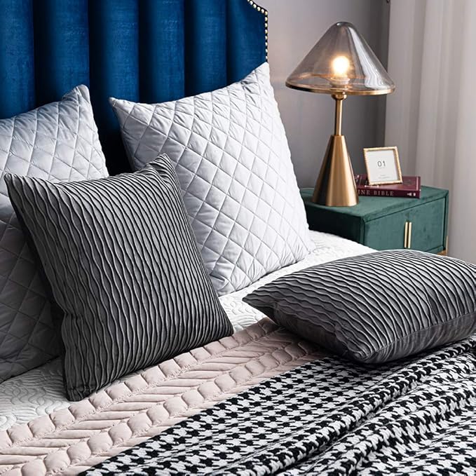 Grey Striped Decorative Pillow Cases: 2 Pack 24x24 Inch Original Velvet Square Throw Pillow Covers for Farmhouse Couch