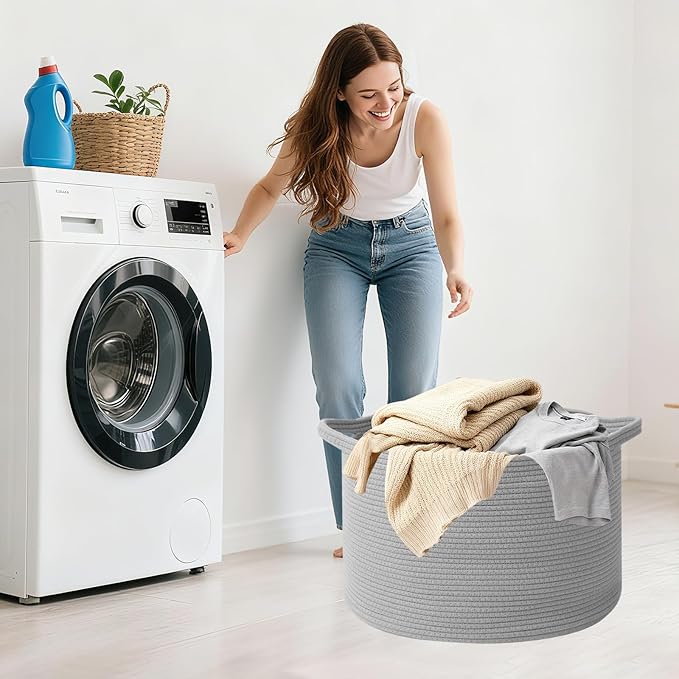 Large Blanket Basket for Organizing,115L Closet Organizers and Storage Bins Box for Shelves Woven Rope Storage Baskets,Living Room,Bedroom,Dorm,Laundry room (Light Grey)