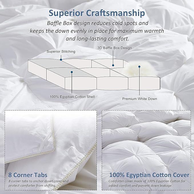 Luxurious Twin/Twin XL Goose Down Comforter, Unique White Pinch Pleat, 600 Thread Count, 100% Egyptian Cotton Cover, 65 Oz Fill Weight, 750 Fill Power