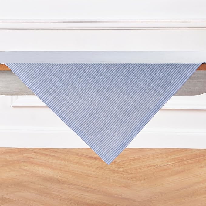 Solino Home Linen Square Tablecloth 52 x 52 Inch - Narrow Stripe, 100% Pure Linen Cornflower Blue and White Table Throw - Machine Washable Tablecloth