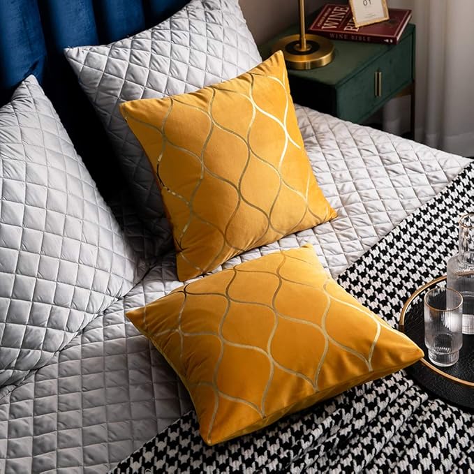 18x18 Inch Gold Velvet Throw Pillow Covers: 2 Pack Square Decorative Pillow Cases for Bedroom Sofa Couch Living Room, Yellow