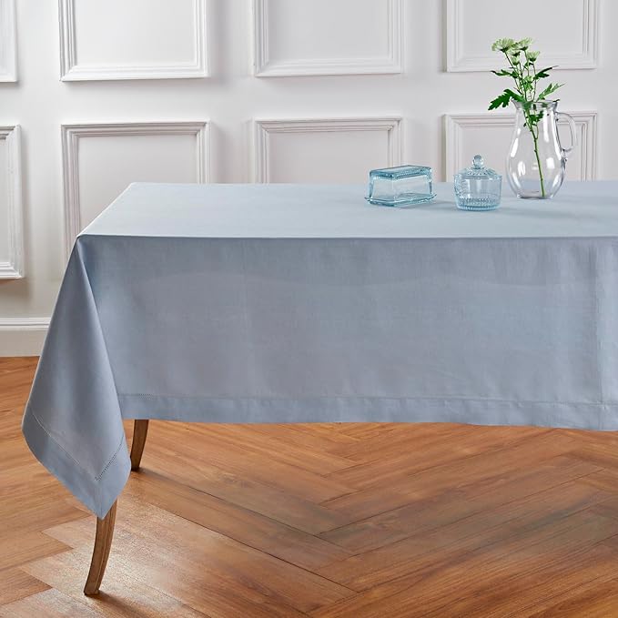 Solino Home Dusty Blue Linen Tablecloth 60 x 120 Inch - 100% Pure Linen Hemstitch Table Cloth for Rectangle Tables - Classic Hemstitch, Machine Washable Tablecloth for Fall, Autumn, Thanksgiving
