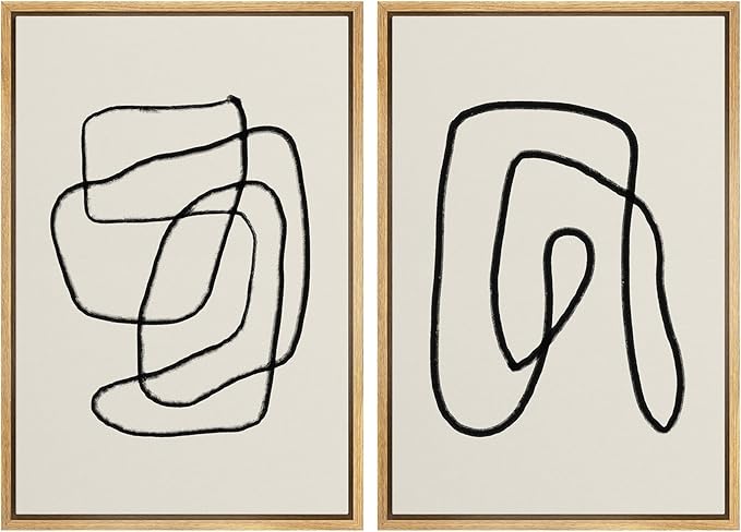 SIGNWIN Framed Wall Art Print Set Black Lines Over Tan Plain Background Abstract Swirly Cozy Neutral Modern Art Mid-Century Modern Expressive for Living Room, Bedroom, Office - 16"x24"x2 Panels