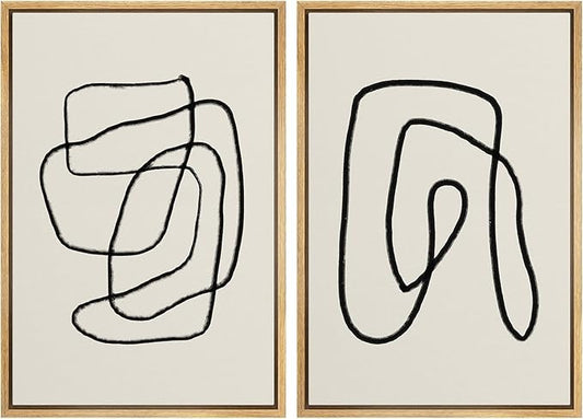 SIGNWIN Framed Wall Art Print Set Black Lines Over Tan Plain Background Abstract Swirly Cozy Neutral Modern Art Mid-Century Modern Expressive for Living Room, Bedroom, Office - 16"x24"x2 Panels