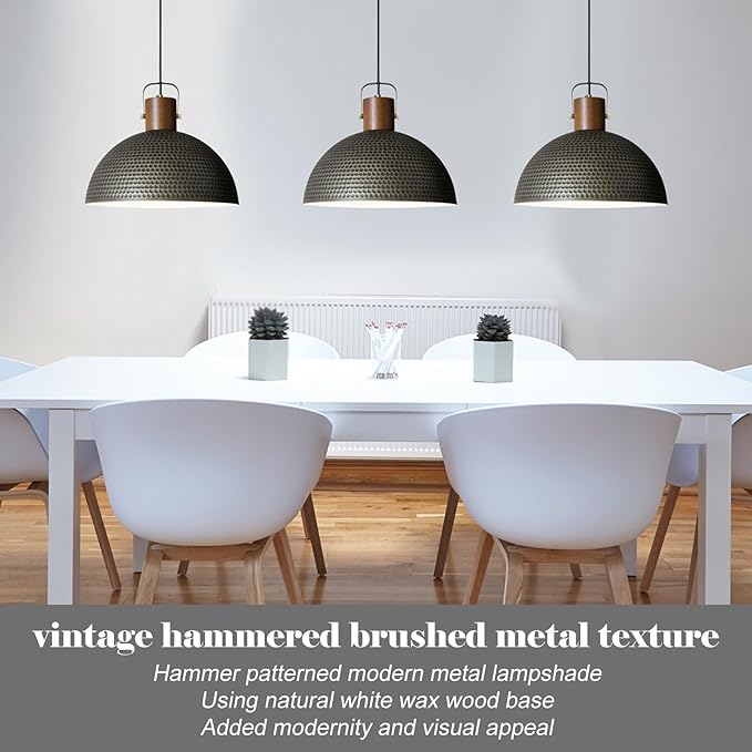Large Pendant Light Fixtures, 15.7 Inch Vintage Wood Dome Chandelier Lamp, Hammered Matte Brushed Metal Pendant Lamp, Mid Century Gold Ceiling Hanging Light for Dining Room, Living Room Kitchen Island