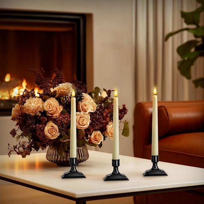 Homemory Wax Window Candles with Remote Timer Dimmer, Battery Operated Candlesticks with Holders, Christmas LED Candlesticks for Window Home Part Decor, 6 Pcs Ivory