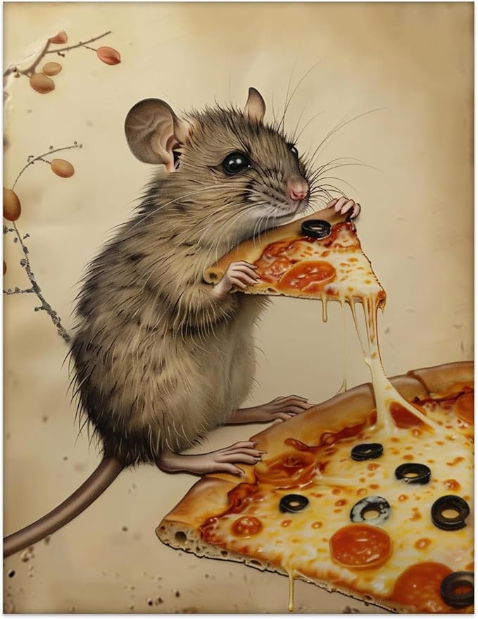 Eeuqiauot Funny Kitchen Wall Art Vintage Animal Poster Mouse Poster Pizza Posters for Wall Cute Animal Paintings Mouse Retro Print Kitchen Mouse Wall Art Vintage Picture 12x16inch Unframed